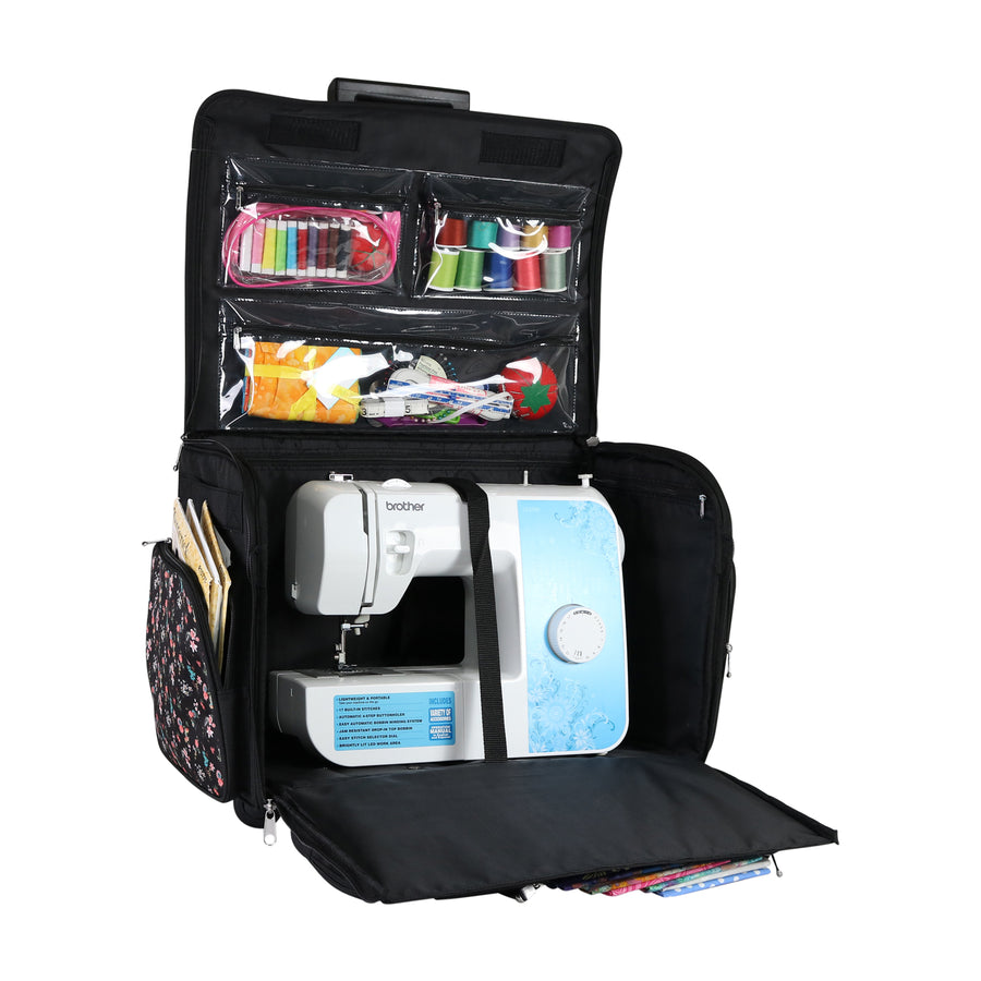 XL 4 Wheel Collapsible Deluxe Rolling Sewing Machine Storage Case, Black & Floral