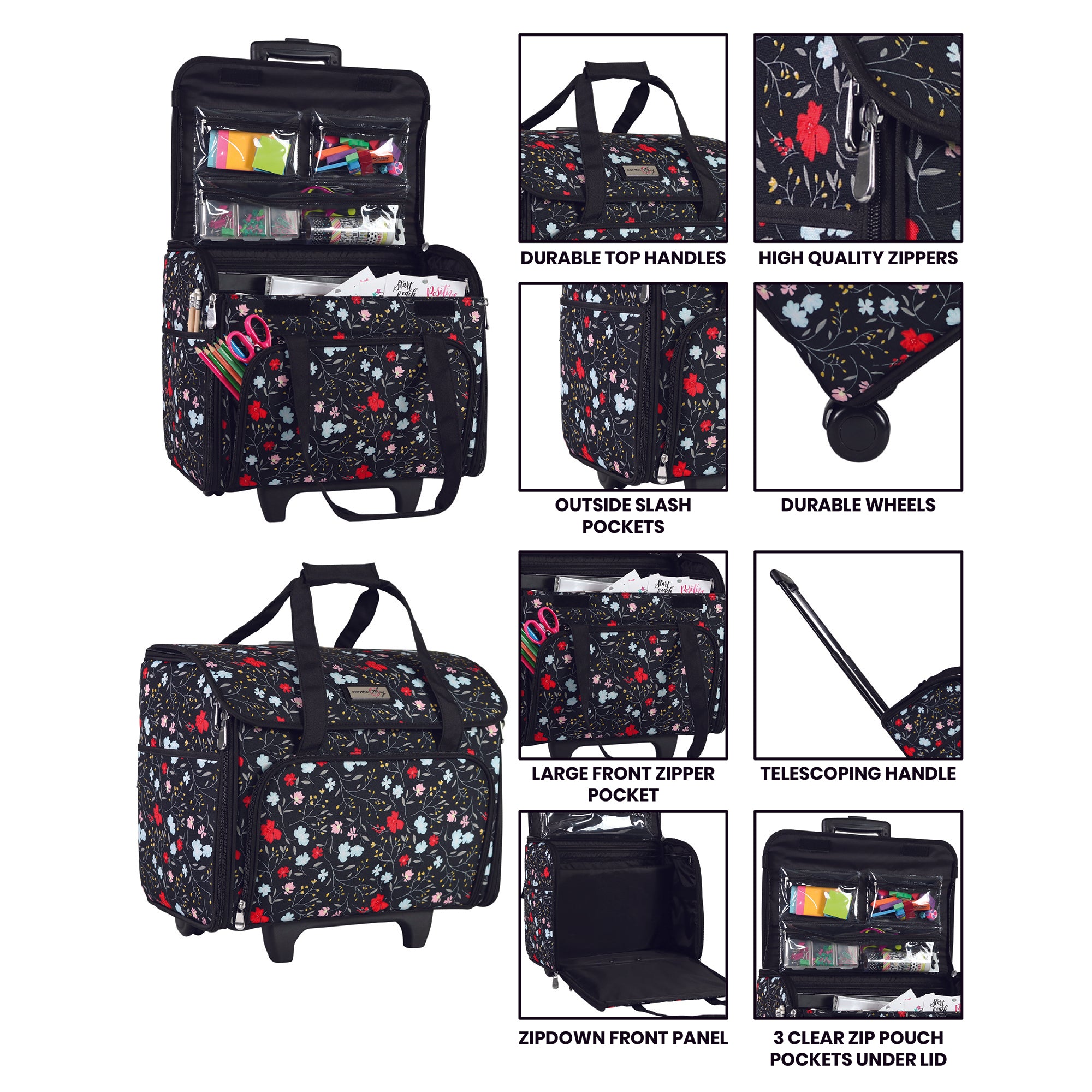 Teacher Rolling Tote, Black Floral Everything Mary - Main Image