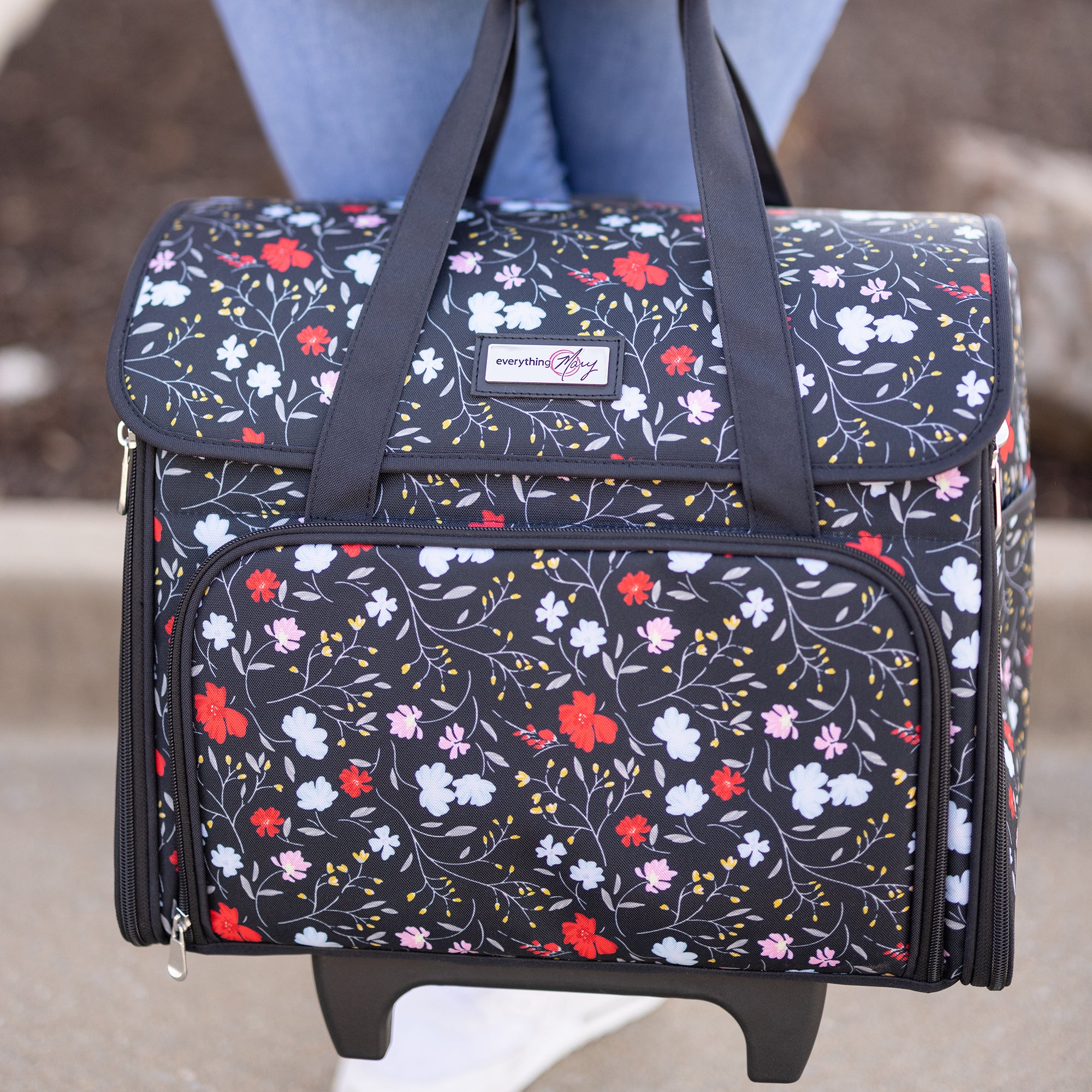 Teacher Rolling Tote, Black Floral - Everything Mary