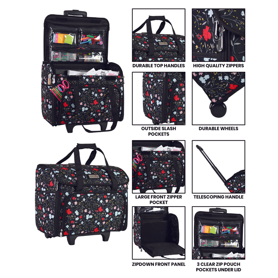 Teacher Rolling Tote, Black Floral