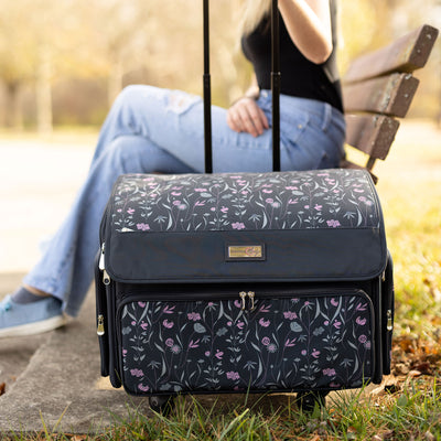 Collapsible Rolling Serger Machine Case, Black Floral - Everything