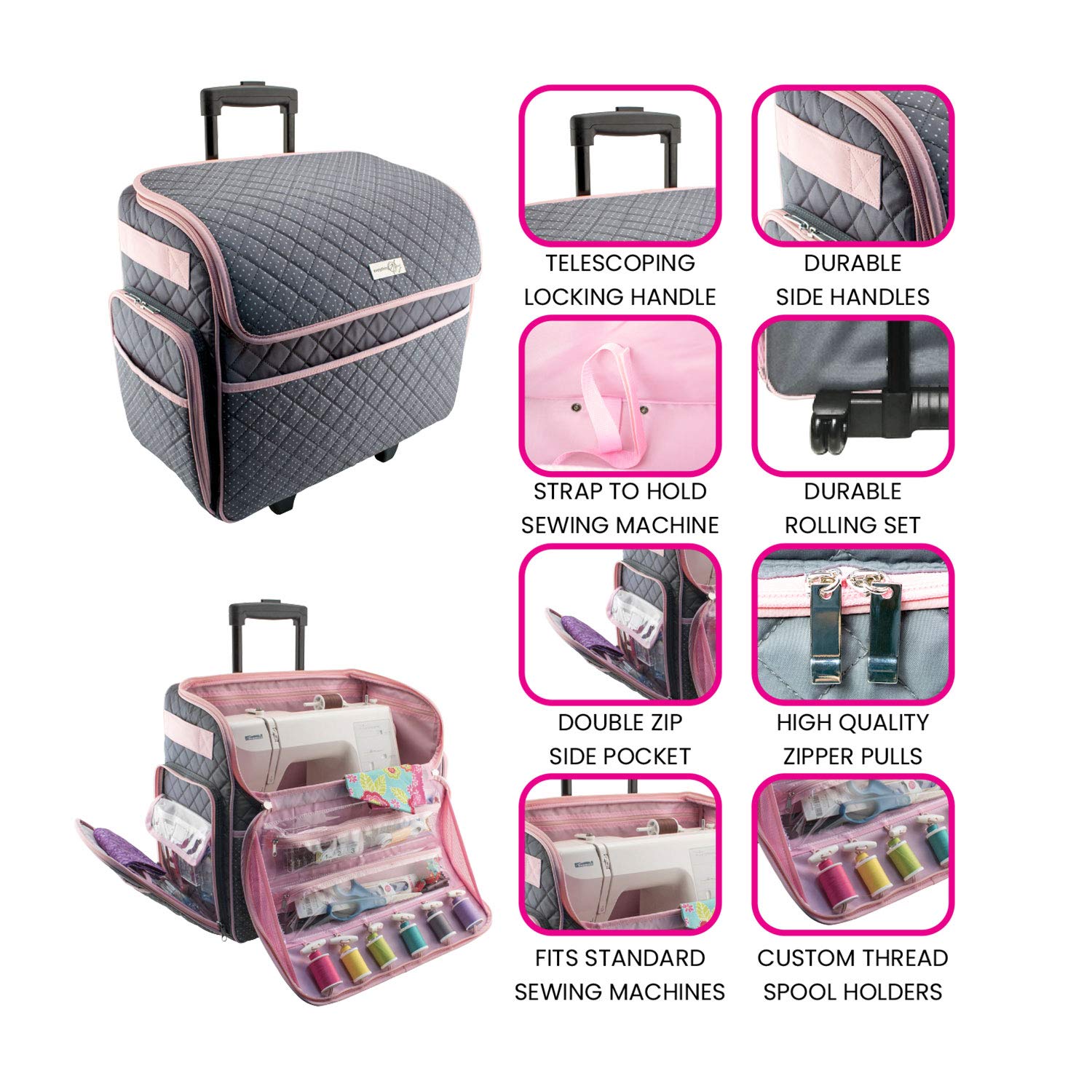 Everything Mary Deluxe Quilted Pink & Grey Sewing Machine Carrying Case,  Sewing Machine Cover Case Tote Bag for Brother, Singer, Standard Size