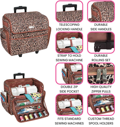 Everything Mary Collapsible Cheetah Print Rolling Sewing Machine Tote, 16.9 x 6.1 x 16.43