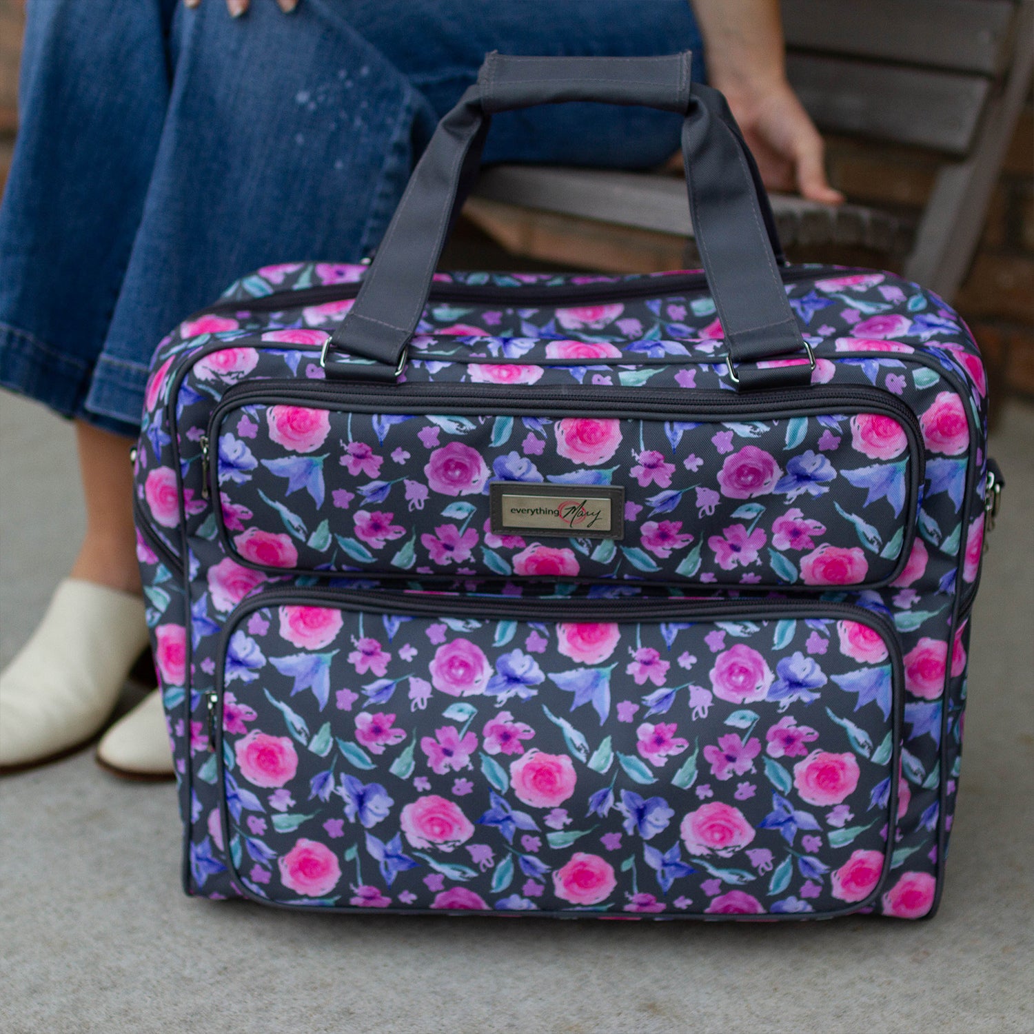 Sewing Machine Rolling Tote Blue Floral - 812259037177